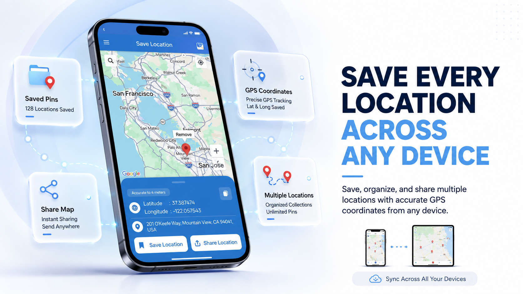 Save Location GPS adalah aplikasi terbaik untuk menandai lokasi (drop pin) dan membuat peta dengan berbagai titik lokasi. Simpan dan bagikan lokasi menggunakan aplikasi terbaik, Save Location GPS.